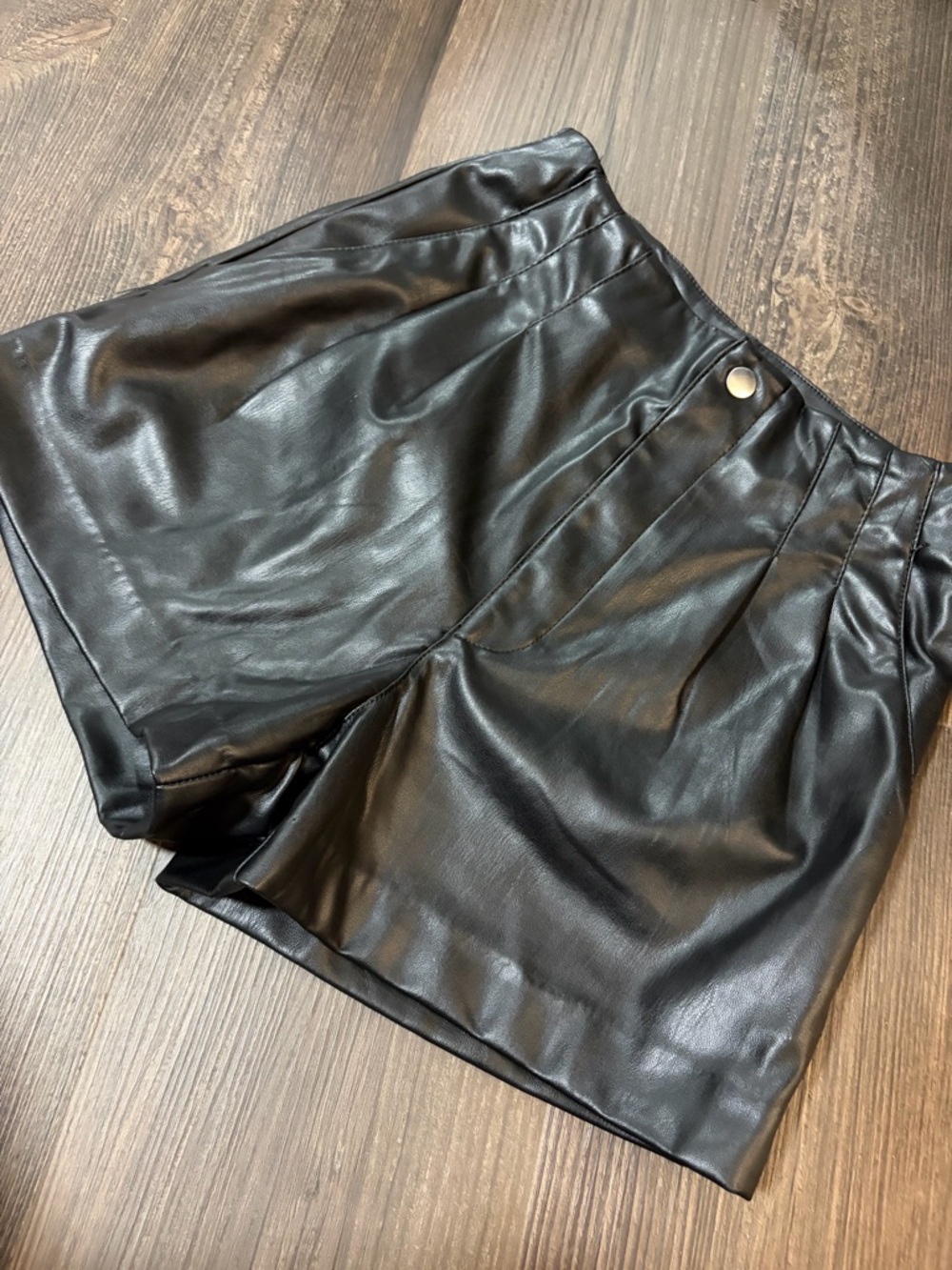 H&M Black Faux Leather High-Waist Pleated Shorts